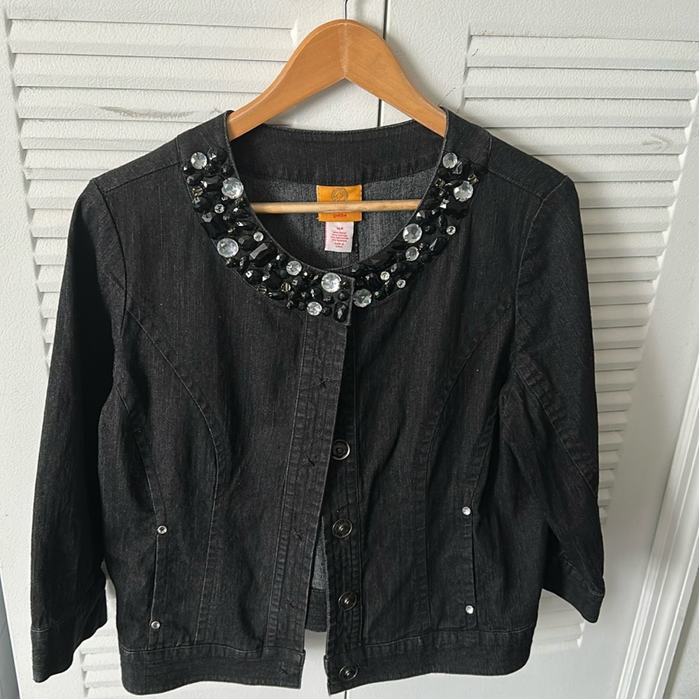 Ruby Rd.BlackGray Denim 14Petite Snaps. Faux gems pockets buckle